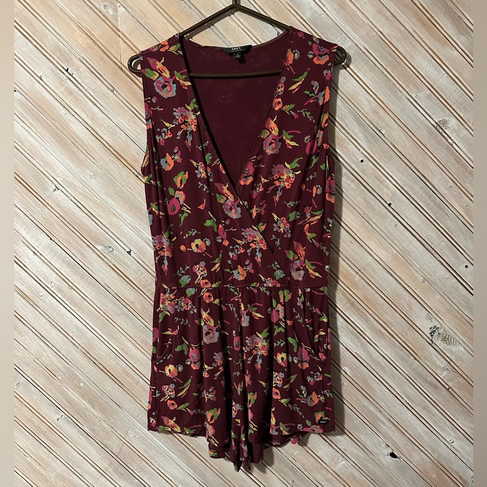 Obey Worldwide Burgundy Floral Deep V Neck Romper Jumpsuit